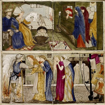 Un set di sedici piastrelle disposte in coppie per formare otto illustrazioni della fiaba 